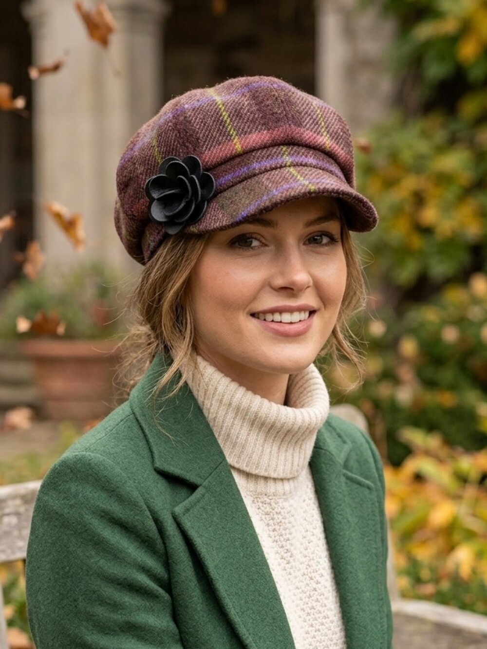 Mucros Weavers Tweed Pure Wool News Boy Hat with Leater Flower Accent NWOT Retro